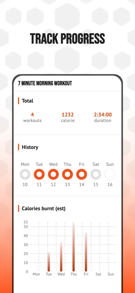 Progress dashboard displaying total workouts, weekly activity calendar, and daily calorie burn chart for fitness tracking