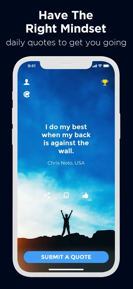 Motivational quote interface with share, save, and like buttons featuring daily inspiration and mountain achievement imagery for wellness.