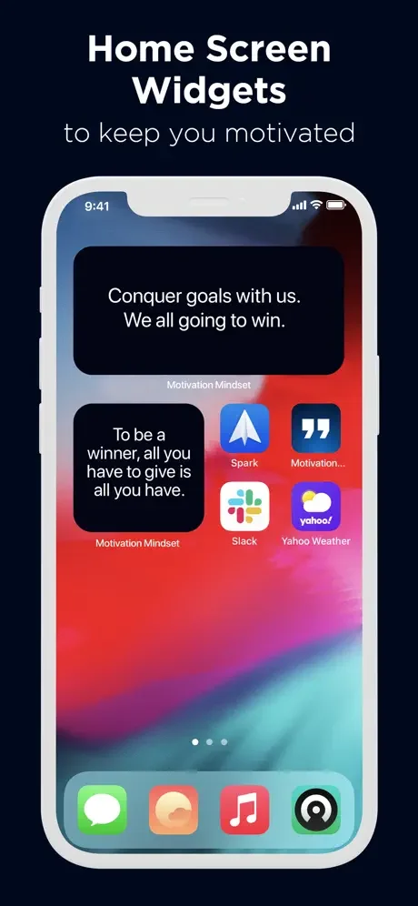 Home screen widgets showing daily motivational quotes on gradient background with quick access to productivity and wellness app icons.