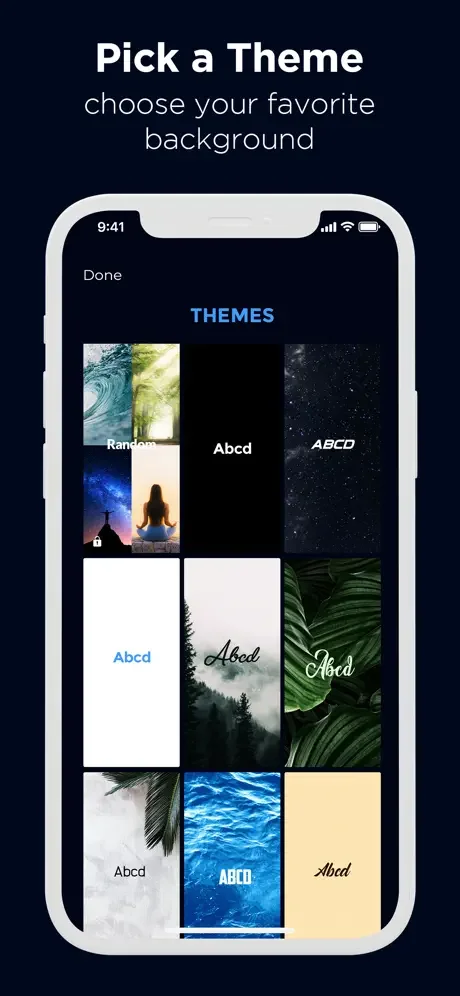 Customizable theme selection with diverse background options including nature, abstract, and scenic designs for personalized app appearance.