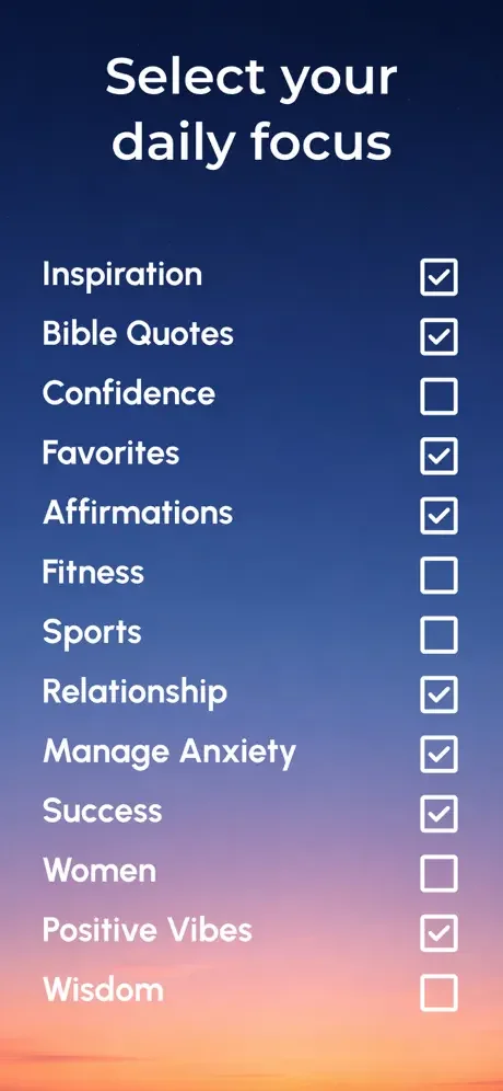Select daily focus checklist with motivation topics including Inspiration, Bible Quotes, Affirmations, Success, and Wellness