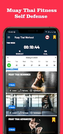 Muay Thai Fitness app home screen with weekly workout timer, challenge calendar, and beginner/advanced training program levels