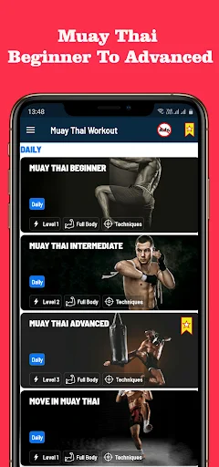 Muay Thai training progression showing beginner, intermediate, and advanced workout levels with difficulty indicators and tutorials