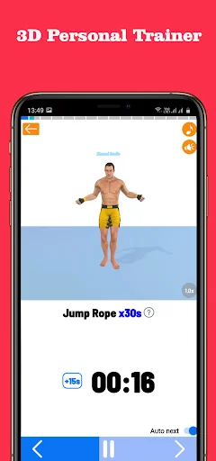 3D Personal Trainer displaying animated figure performing jump rope exercise with 16-second countdown timer for Muay Thai fitness