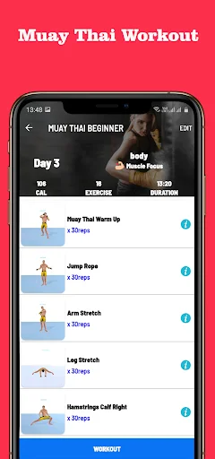 Muay Thai Day 3 workout plan showing body-focused exercises: warm-up, jump rope, stretches, and strength with rep counts