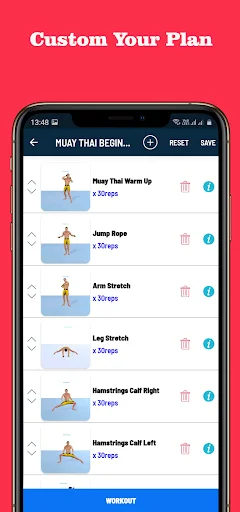 Customizable Muay Thai workout builder with drag-and-drop exercise list: warm-up, rope, stretches, and strength movements