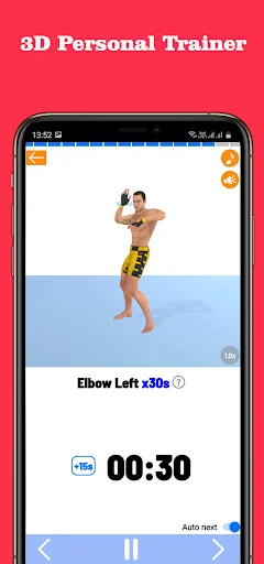 3D Personal Trainer showing animated fighter demonstrating elbow strike Muay Thai technique with 30-second countdown timer