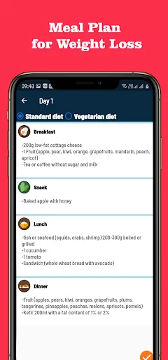 Meal Plan for Weight Loss displaying Day 1 diet options with vegetarian diet details for breakfast, lunch, dinner, and snacks