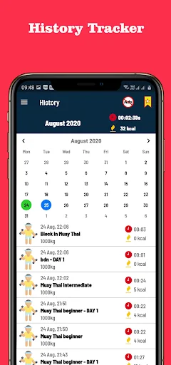 History Tracker showing August calendar with completed Muay Thai workouts, times, calorie burns, and fitness statistics
