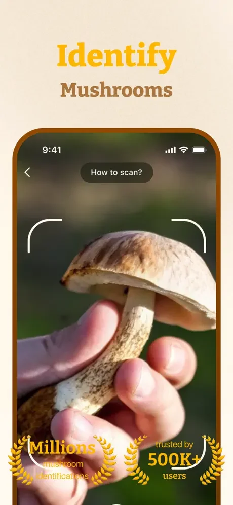 Real-time mushroom camera scan with targeting overlay identifying mushrooms using millions of verified user identifications