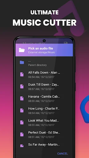 Music Cutter app file picker dialog displaying audio files and music directory for selecting songs to cut and edit