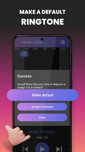 Success screen in Music Cutter showing options to make default ringtone or assign ringtone to contact