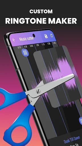 Music Cutter waveform editor interface on smartphone showing audio editing tools for creating custom ringtones