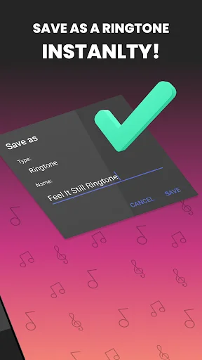 Save as ringtone dialog with confirmation checkmark to instantly save custom ringtone in Music Cutter app