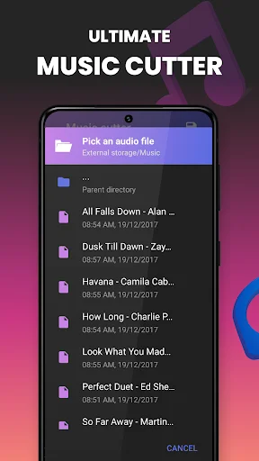 Music Cutter app file picker dialog displaying audio files and music directory for selecting songs to cut and edit