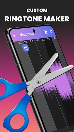 Music Cutter waveform editor interface on smartphone showing audio editing tools for creating custom ringtones