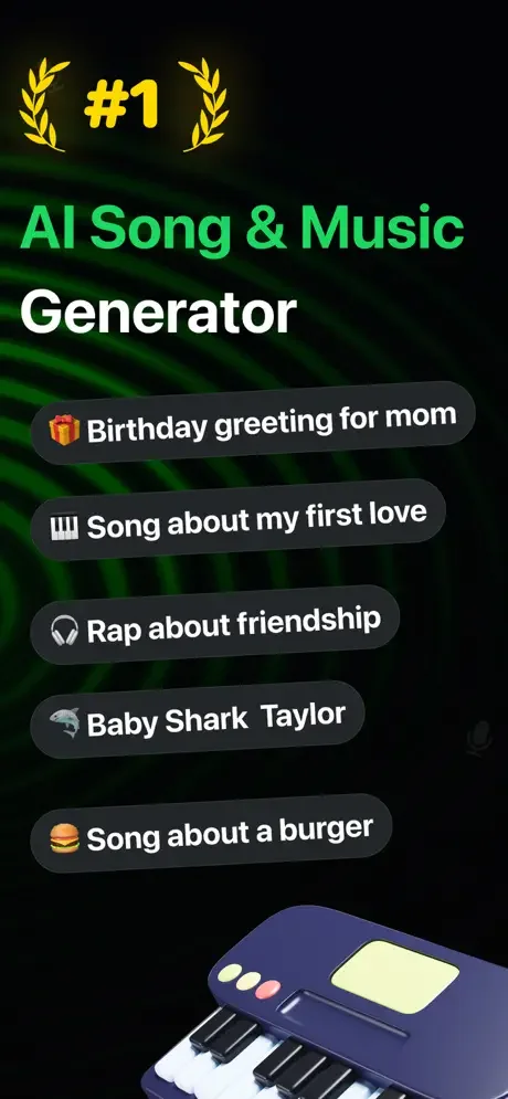 AI Music Generator home screen with preset song prompts for birthday greetings, love songs, rap, and creative song ideas