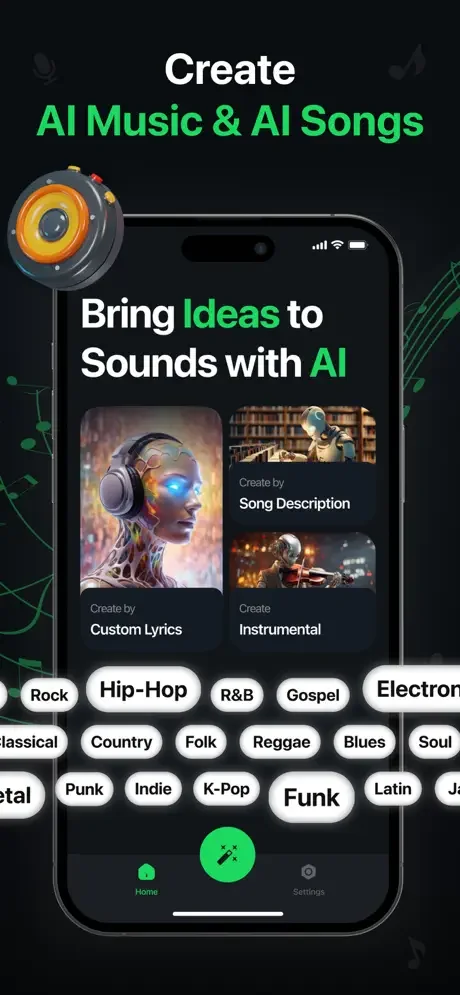 AI music creation interface featuring song description, custom lyrics, and instrumental options with music genre selection tags