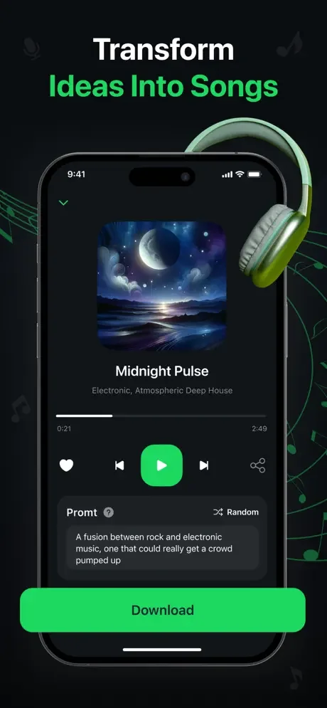 Generated song playback interface showing Midnight Pulse with Electronic genre, artwork, playback controls, and download option