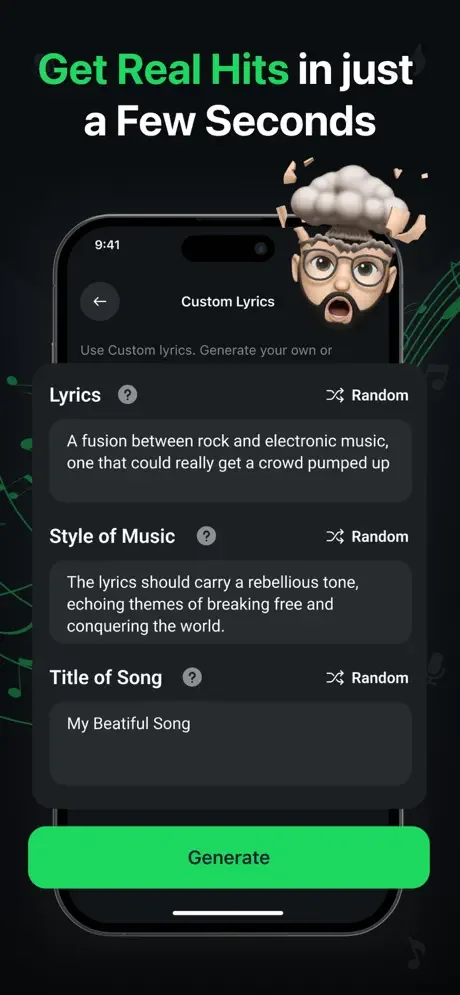 Custom song generation form with customizable lyrics, music style, and title fields for creating AI-generated songs