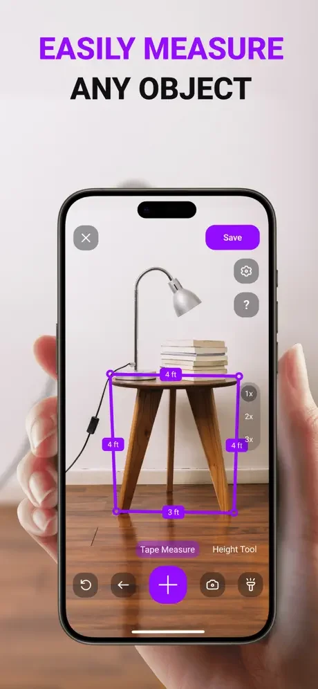 MyMeter Tape Measure app interface showing purple measurement lines marking table dimensions in feet with Save button and Tape Measure tool active