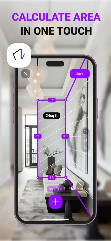 MyMeter area calculation feature with purple outline measuring room dimensions and displaying 24 square feet area result with Area Tool