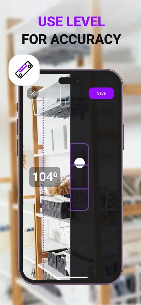 MyMeter level tool overlay showing vertical reference line and 104 degree angle measurement for ensuring accurate measurements