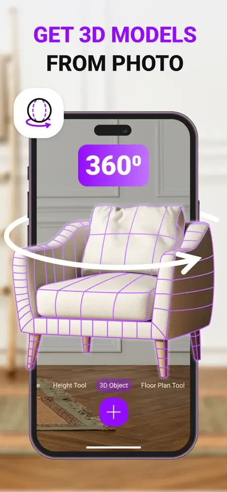 MyMeter 3D object modeling feature displaying purple wireframe 360-degree rotating chair model created from photo with 3D Object tool