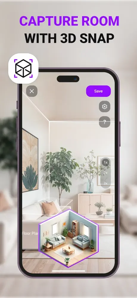 MyMeter 3D Snap room capture feature showing interior room photo with purple hexagonal floor plan 3D visualization of space layout