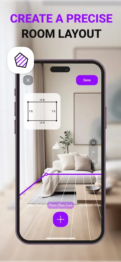 Room layout creator displaying precise floor plan with 12 by 7 foot dimension measurements and grid overlay