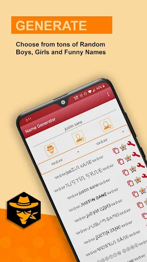 Nickname Generator app home showing tons of random boys, girls and funny gaming names with symbols for unique gamer nickname creation