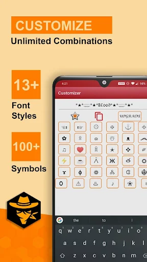 Customizer interface displaying 13+ font styles and 100+ decorative symbols for unlimited nickname combinations in gaming name generator