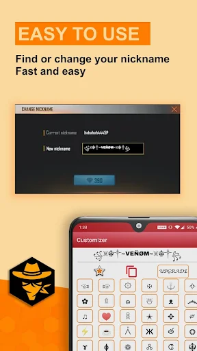 Change nickname dialog and customizer showing fast editing and font symbol options for finding or modifying gaming nicknames