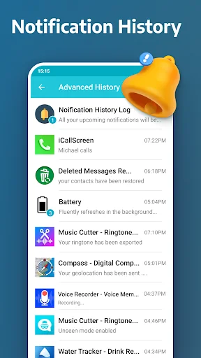 Notification History Log main screen displaying chronological list of app notifications with timestamps and preview text, including iCallScreen, Battery, Music Cutter, and other apps