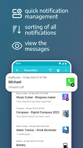 Feature overview showcasing quick notification management, sorting capabilities, and message viewing functionality with Favorites tab highlighting recent notifications from multiple apps