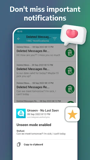 Don't miss important notifications interface showing deleted messages recovery, unseen notification mode with toggle switch, and copy-to-clipboard function for saved messages