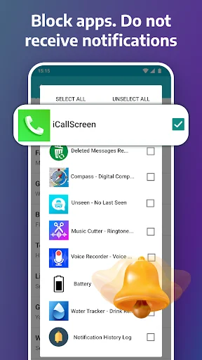 App blocking interface allowing users to select which apps to block from sending notifications with SELECT ALL and UNSELECT ALL buttons for notification filtering control