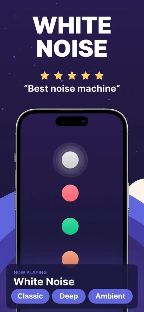 White Noise Machine app interface with 5-star best noise rating, displaying Classic Deep Ambient variations for sleep and focus