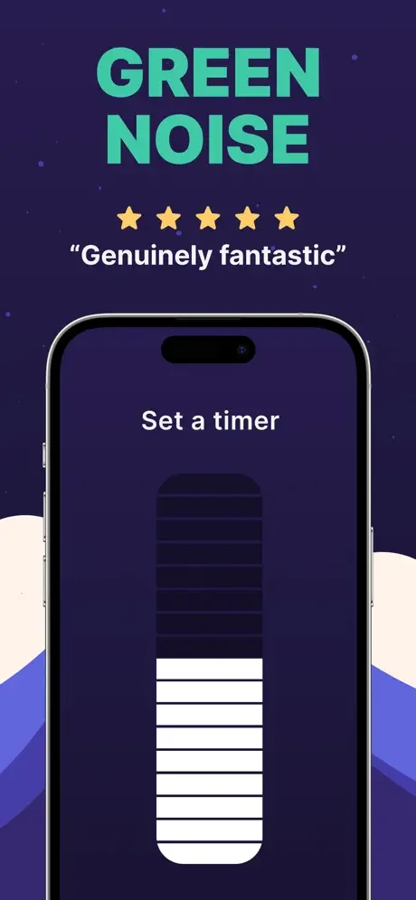 Green Noise sleep timer feature with 5-star genuinely fantastic rating and customizable timer controls for sleep assistance