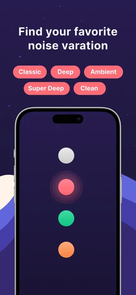 Noise Machine app variations menu showing five customizable noise types: Classic, Deep, Ambient, Super Deep, and Clean options