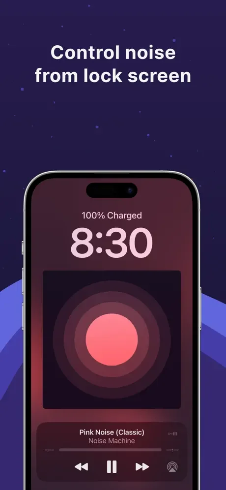 Noise Machine lock screen control allowing Pink Noise playback with play pause skip buttons and volume management from iPhone home