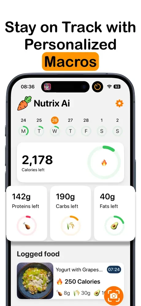 Nutrix AI dashboard displaying personalized daily calorie and macronutrient tracking with logged meal summaries