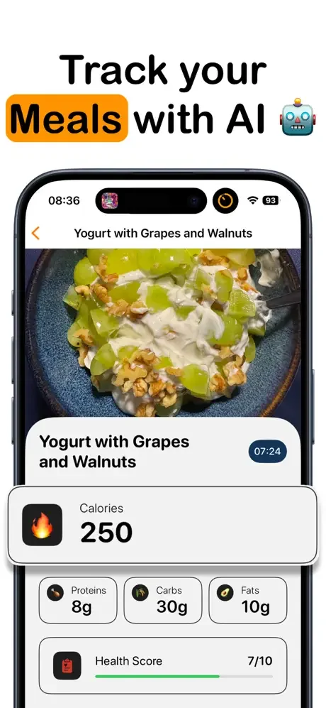 Meal detail page showing AI-identified food photo with 250 calories, macro breakdown, and health score rating