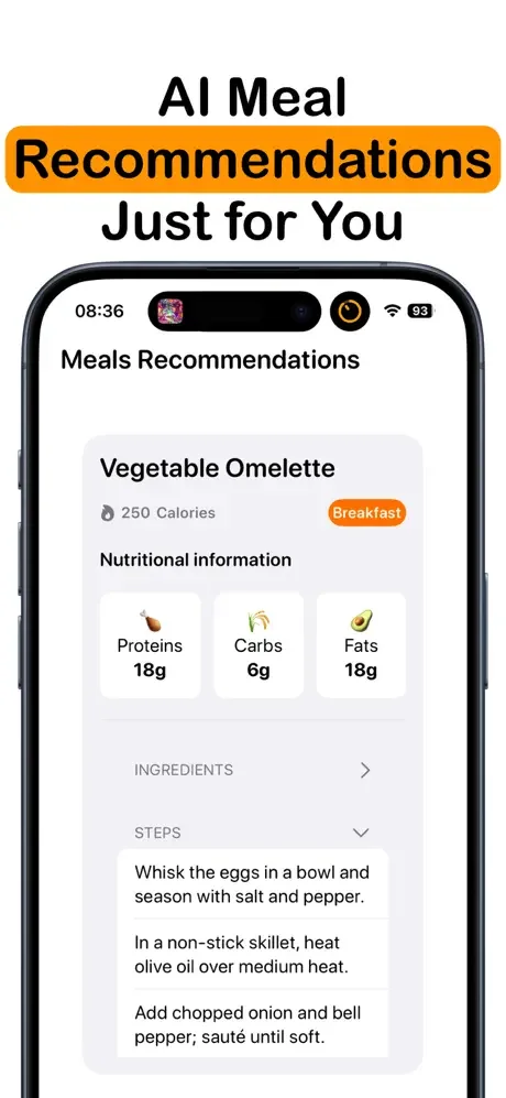 AI-powered breakfast recommendation with vegetable omelette recipe, nutritional information, and cooking steps
