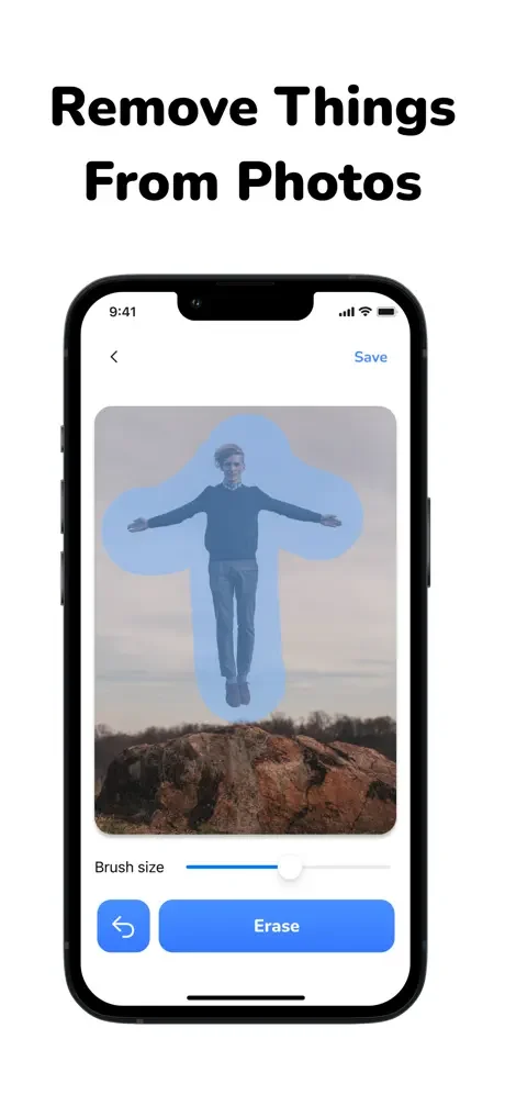 Photo eraser app with blue brush selection tool for removing unwanted objects with adjustable brush size and erase controls