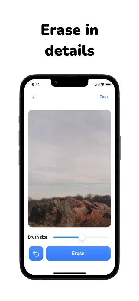Photo editor interface showing landscape with detailed editing controls and brush size adjustment for removing unwanted photo elements