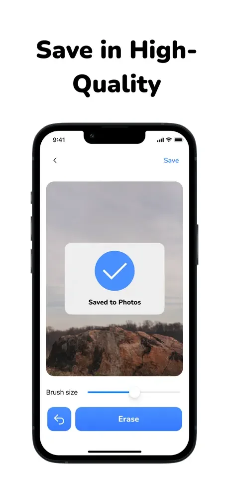 Photo eraser save confirmation showing successful export to Photos app with checkmark and quality export notification message