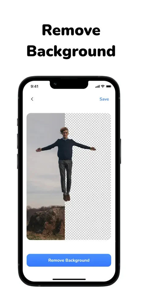 Background removal tool showing before-and-after preview with person on left and transparent background removed on right