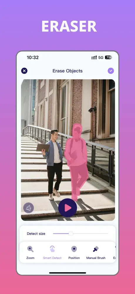 Remove Objects photo eraser showing pink highlighted figure on steps selected for one-tap removal with editing tools