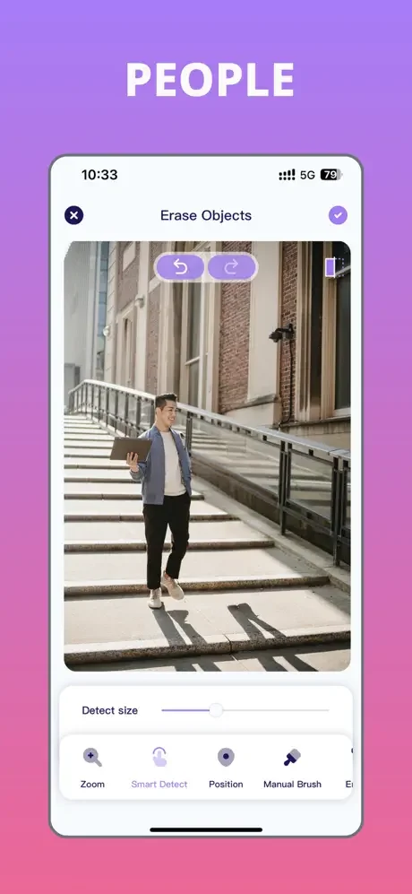Smart Detect feature identifying multiple people with purple circles on photo ready for automatic removal in eraser app